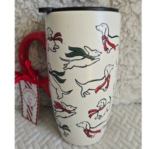 Peppermint & Pine Hand Painted Dachshunds w/ Scarves Lidded Ceramic Travel Mug